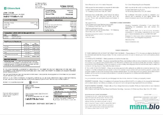 USA Citizens Bank wyciąg z kredytu hipotecznego w formatach Word i PDF